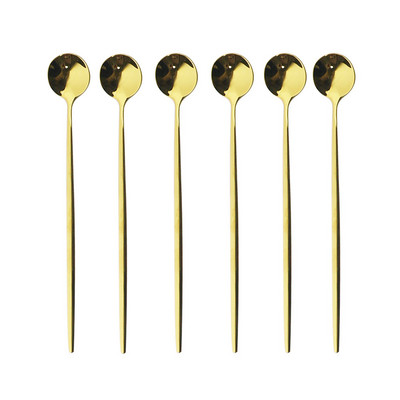 6бр. Лъжица за лед за десерт Кафе Чай Комплект дълги лъжици от неръждаема стомана Лъжици за разбъркване Черно злато Десертни лъжички Аксесоари за бар