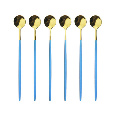 6бр. Лъжица за лед за десерт Кафе Чай Комплект дълги лъжици от неръждаема стомана Лъжици за разбъркване Черно злато Десертни лъжички Аксесоари за бар