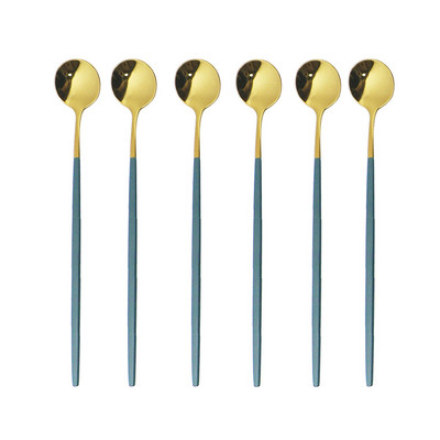 6бр. Лъжица за лед за десерт Кафе Чай Комплект дълги лъжици от неръждаема стомана Лъжици за разбъркване Черно злато Десертни лъжички Аксесоари за бар