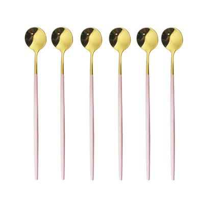 6бр. Лъжица за лед за десерт Кафе Чай Комплект дълги лъжици от неръждаема стомана Лъжици за разбъркване Черно злато Десертни лъжички Аксесоари за бар