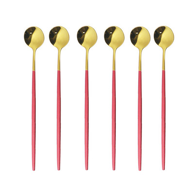 6бр. Лъжица за лед за десерт Кафе Чай Комплект дълги лъжици от неръждаема стомана Лъжици за разбъркване Черно злато Десертни лъжички Аксесоари за бар