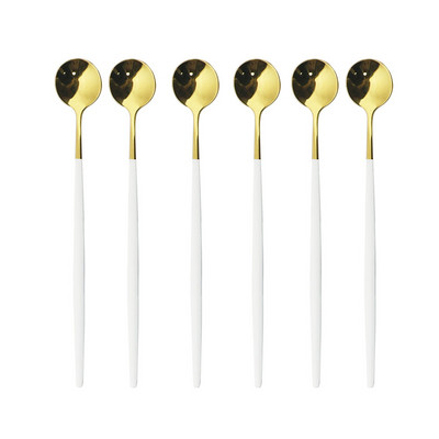 6бр. Лъжица за лед за десерт Кафе Чай Комплект дълги лъжици от неръждаема стомана Лъжици за разбъркване Черно злато Десертни лъжички Аксесоари за бар