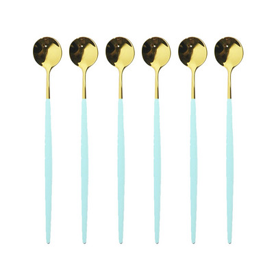 6бр. Лъжица за лед за десерт Кафе Чай Комплект дълги лъжици от неръждаема стомана Лъжици за разбъркване Черно злато Десертни лъжички Аксесоари за бар
