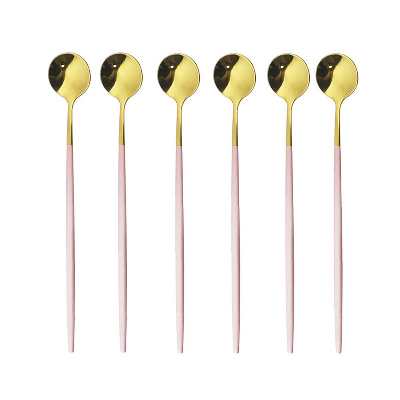 6бр. Лъжица за лед за десерт Кафе Чай Комплект дълги лъжици от неръждаема стомана Лъжици за разбъркване Черно злато Десертни лъжички Аксесоари за бар