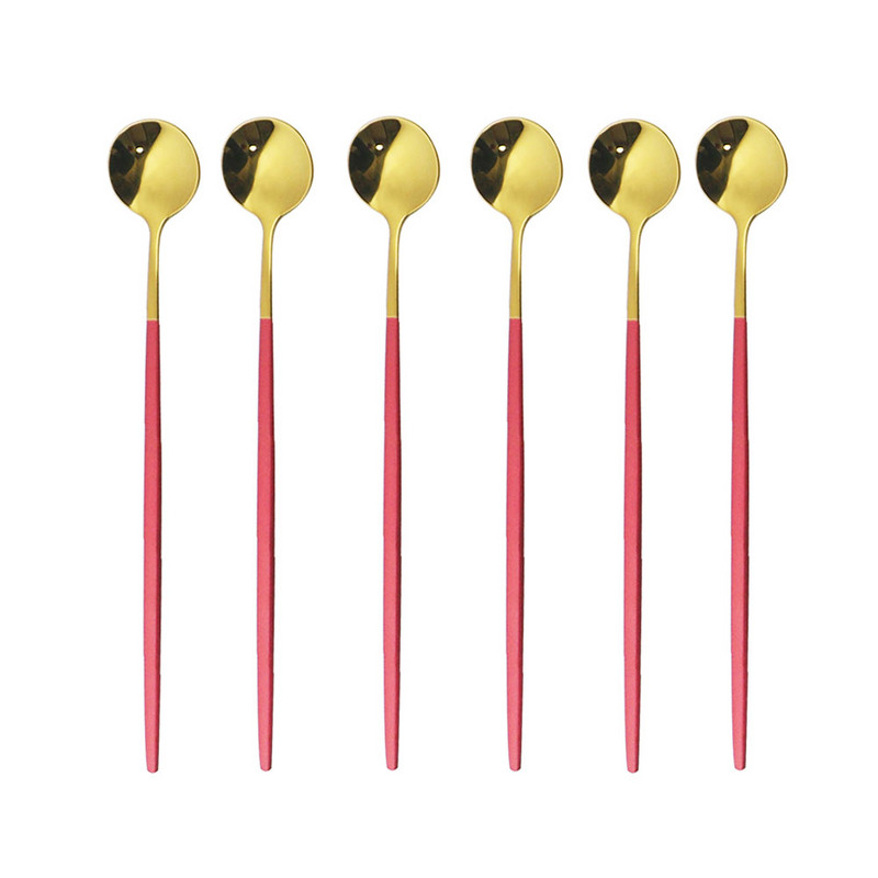 6бр. Лъжица за лед за десерт Кафе Чай Комплект дълги лъжици от неръждаема стомана Лъжици за разбъркване Черно злато Десертни лъжички Аксесоари за бар