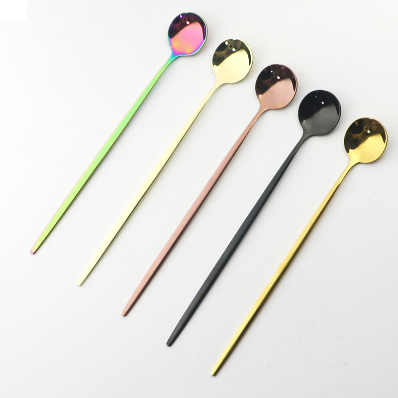 6бр. Лъжица за лед за десерт Кафе Чай Комплект дълги лъжици от неръждаема стомана Лъжици за разбъркване Черно злато Десертни лъжички Аксесоари за бар