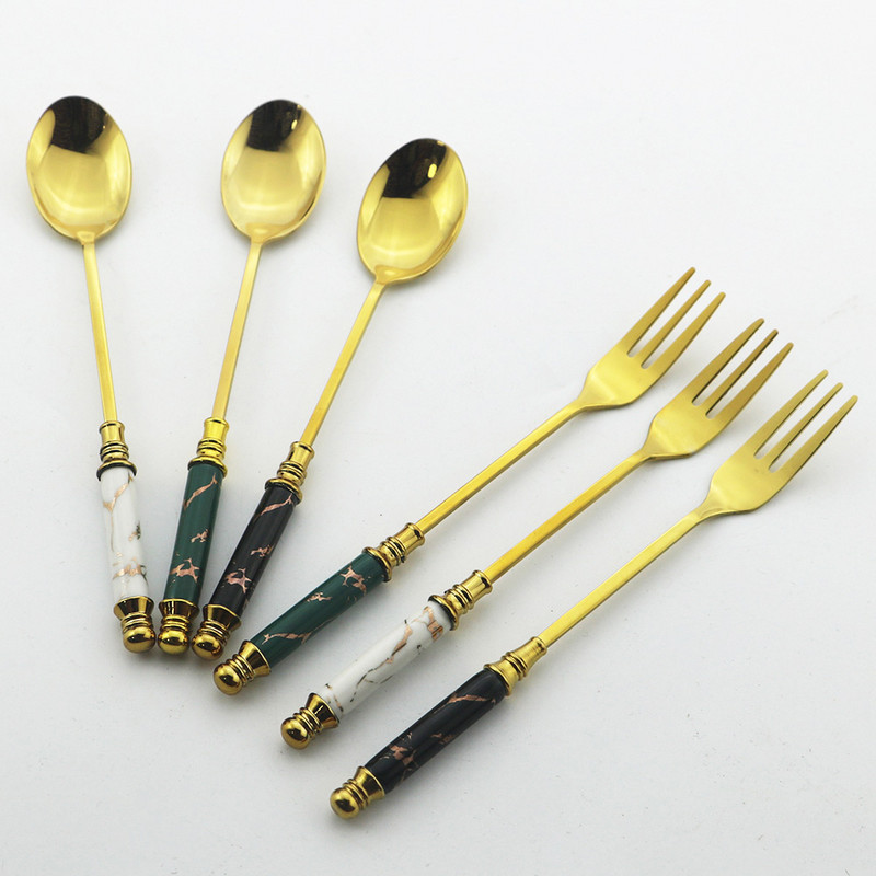 6 tk keraamilise käepidemega söögiriistad värviline kahvli lusika komplekt puuviljakahvel kohvi tee lusikas roostevabast terasest kullast lauanõud luksuslikud koogikahvlid