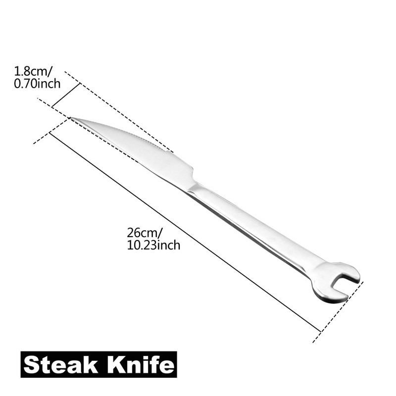 Roostevabast terasest loomingulise mutrivõtme kujuga kahvli lusikas lauanõud praad nuga õhtusöök puuvili magustoit pikad kahvlid teelusikas piknik telkimine