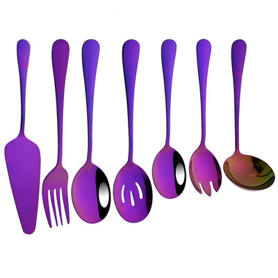 7-dielna sada riadu z nehrdzavejúcej ocele v zlatej farbe: polievková lyžica, cedník, servírovacia lyžica, vidlička na šalát, špachtľa na tortu, kuchynský domáci riad.