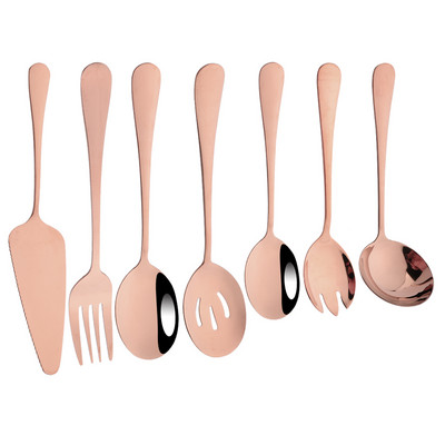 7-dielna sada riadu z nehrdzavejúcej ocele v zlatej farbe: polievková lyžica, cedník, servírovacia lyžica, vidlička na šalát, špachtľa na tortu, kuchynský domáci riad.