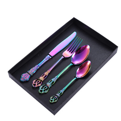 4 vnt. Prabangūs nerūdijantys stalo reikmenys, įvairių spalvų kūrybiniai stalo reikmenys auskarų vėrimo dovanų dėžutėje peilis šakutė šaukštas indai