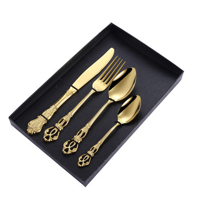 4 vnt. Prabangūs nerūdijantys stalo reikmenys, įvairių spalvų kūrybiniai stalo reikmenys auskarų vėrimo dovanų dėžutėje peilis šakutė šaukštas indai