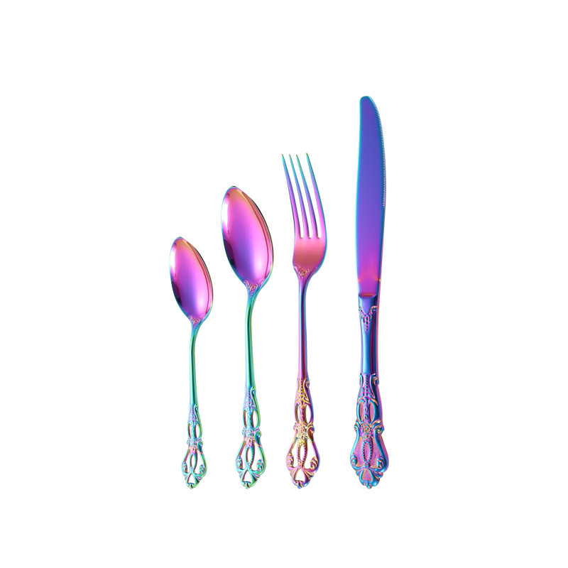 4 vnt. Prabangūs nerūdijantys stalo reikmenys, įvairių spalvų kūrybiniai stalo reikmenys auskarų vėrimo dovanų dėžutėje peilis šakutė šaukštas indai