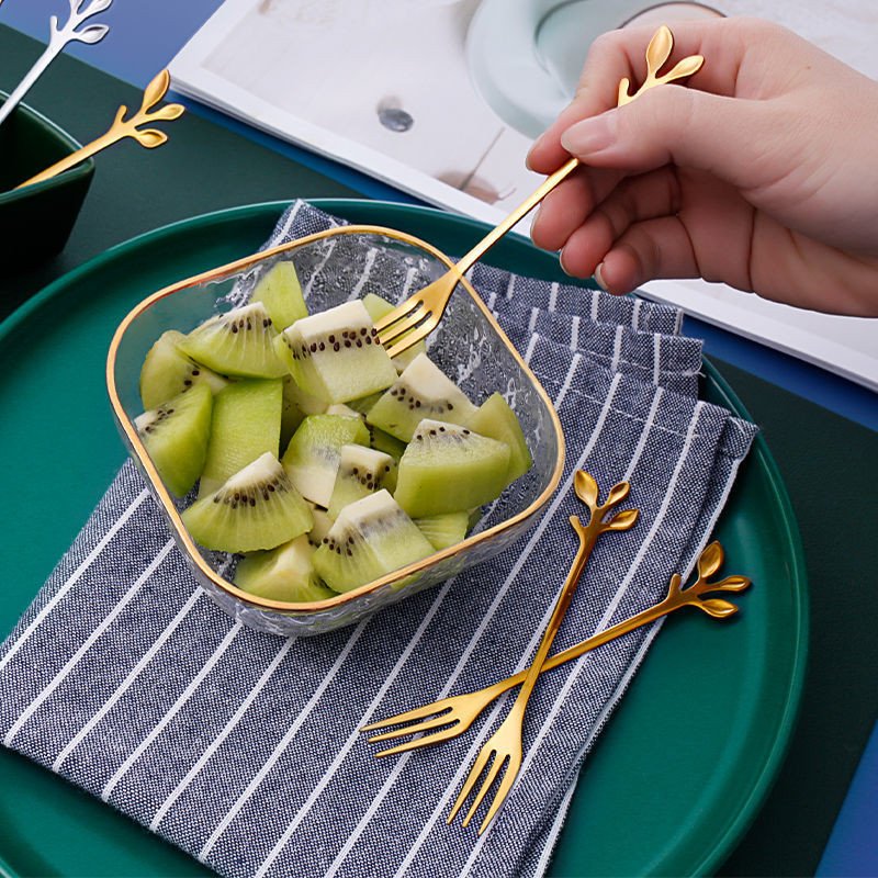 6 tk roostevabast terasest lehtedest puuviljakahvlite komplekt majapidamises kasutatavate loominguliste puuviljamärkidega laste magustoit väike kahvliga köögitarvik