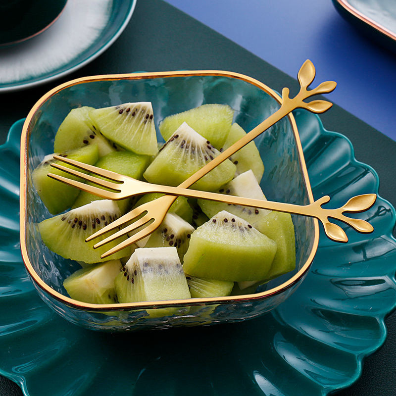 6 tk roostevabast terasest lehtedest puuviljakahvlite komplekt majapidamises kasutatavate loominguliste puuviljamärkidega laste magustoit väike kahvliga köögitarvik