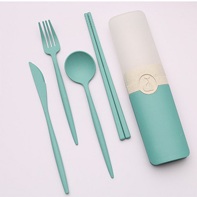 Nešiojamas daugkartinio naudojimo šaukštas, šakutė, kelioninis piknikas, lazdelės iš kviečių šiaudų stalo įrankių rinkinys su nešiojimo dėžute studentų biurui.