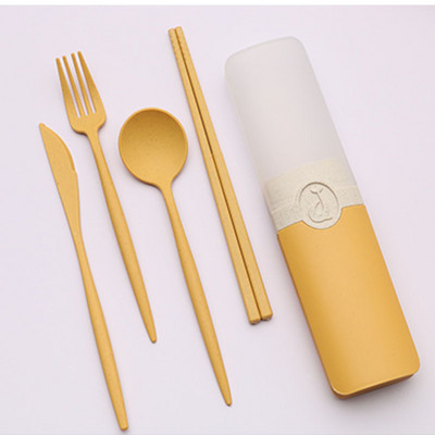 Nešiojamas daugkartinio naudojimo šaukštas, šakutė, kelioninis piknikas, lazdelės iš kviečių šiaudų stalo įrankių rinkinys su nešiojimo dėžute studentų biurui.