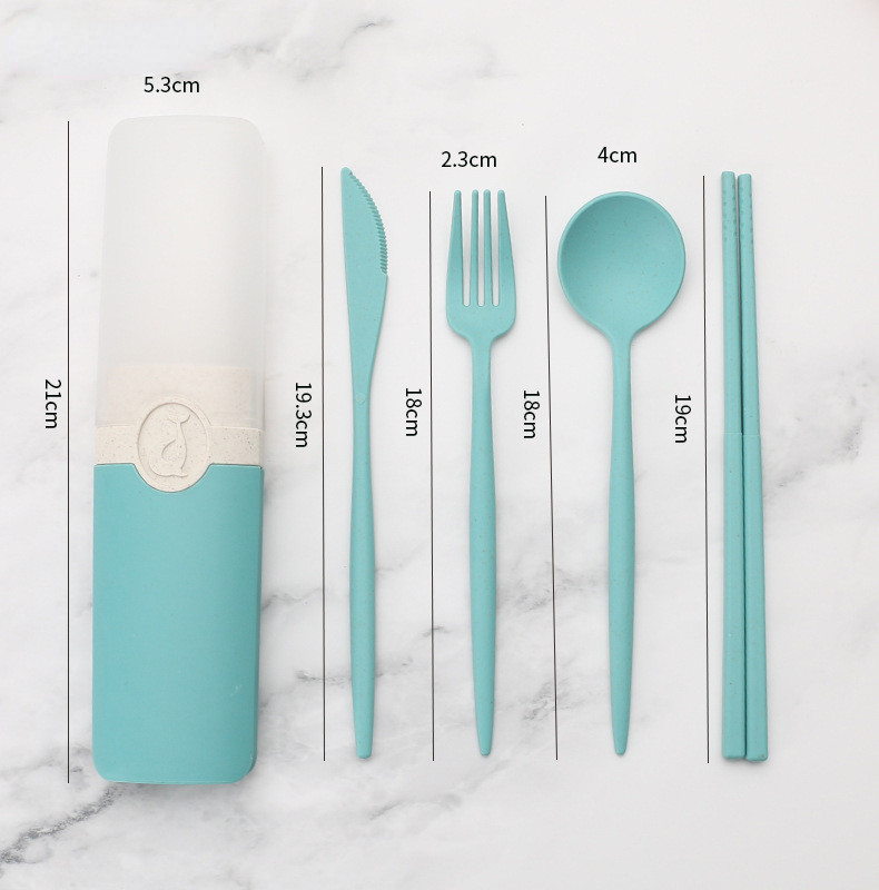 Nešiojamas daugkartinio naudojimo šaukštas, šakutė, kelioninis piknikas, lazdelės iš kviečių šiaudų stalo įrankių rinkinys su nešiojimo dėžute studentų biurui.