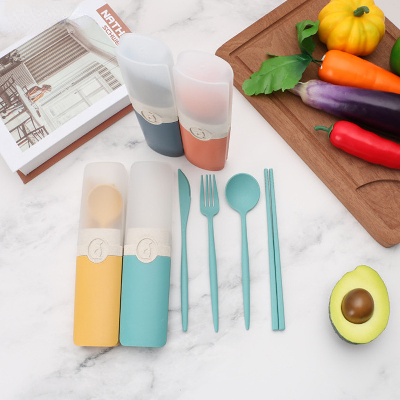 Nešiojamas daugkartinio naudojimo šaukštas, šakutė, kelioninis piknikas, lazdelės iš kviečių šiaudų stalo įrankių rinkinys su nešiojimo dėžute studentų biurui.