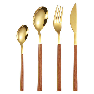 Jaswehome 4Pcs Set posuđa za jelo od nehrđajućeg čelika od imitacije drvenog zrna Vestern večera Nož Vilica Žlica Odijelo