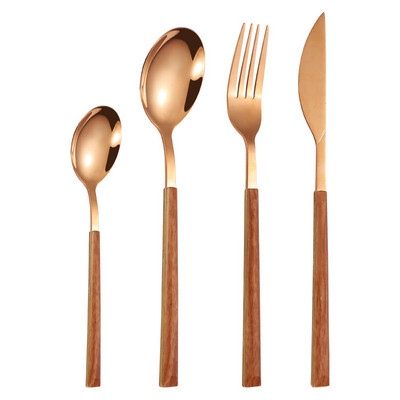 Jaswehome 4Pcs Set posuđa za jelo od nehrđajućeg čelika od imitacije drvenog zrna Vestern večera Nož Vilica Žlica Odijelo