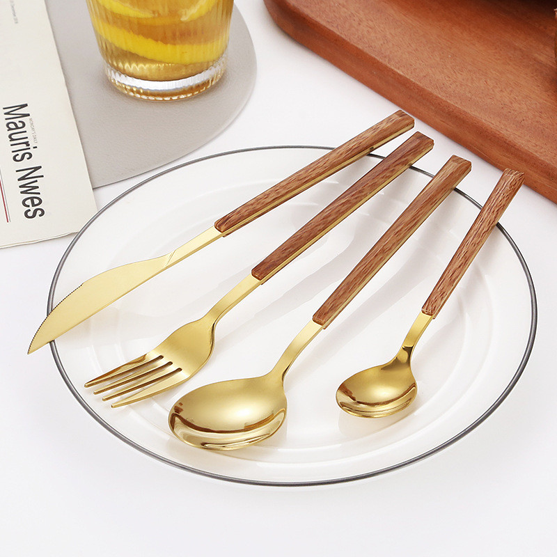 Jaswehome 4Pcs Set posuđa za jelo od nehrđajućeg čelika od imitacije drvenog zrna Vestern večera Nož Vilica Žlica Odijelo