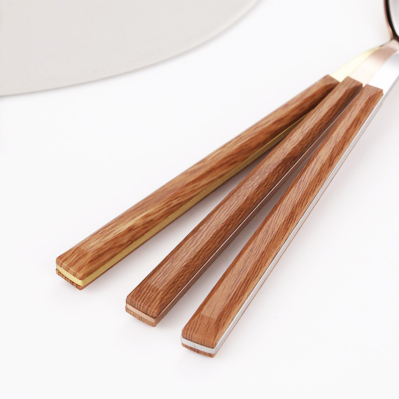 Jaswehome 4Pcs Set posuđa za jelo od nehrđajućeg čelika od imitacije drvenog zrna Vestern večera Nož Vilica Žlica Odijelo