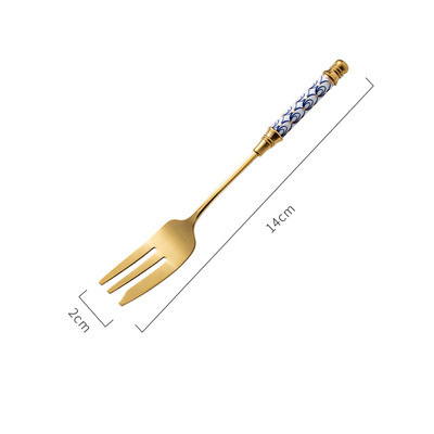 Roostevabast terasest kuldne koogikahvel, keraamiline pika käepidemega puuviljakahvel, küpsetised, mida kasutatakse tigude kahvlite vahekaardil.
