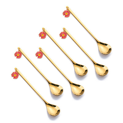 6 vnt. kavos šaukštų vaisių šakučių rinkinys Daisy nerūdijančio plieno Kawaii ledų popietės arbatos virtuvė auksinis desertinis batonėlis įrankis stalo įrankių dovana