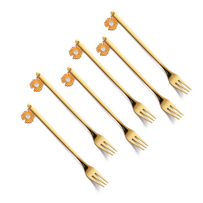 6 vnt. kavos šaukštų vaisių šakučių rinkinys Daisy nerūdijančio plieno Kawaii ledų popietės arbatos virtuvė auksinis desertinis batonėlis įrankis stalo įrankių dovana