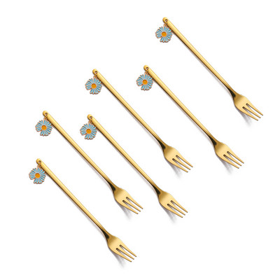 6 vnt. kavos šaukštų vaisių šakučių rinkinys Daisy nerūdijančio plieno Kawaii ledų popietės arbatos virtuvė auksinis desertinis batonėlis įrankis stalo įrankių dovana