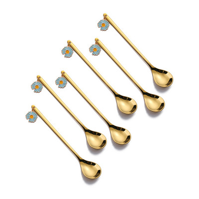 6 vnt. kavos šaukštų vaisių šakučių rinkinys Daisy nerūdijančio plieno Kawaii ledų popietės arbatos virtuvė auksinis desertinis batonėlis įrankis stalo įrankių dovana