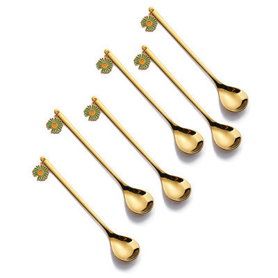 6 vnt. kavos šaukštų vaisių šakučių rinkinys Daisy nerūdijančio plieno Kawaii ledų popietės arbatos virtuvė auksinis desertinis batonėlis įrankis stalo įrankių dovana