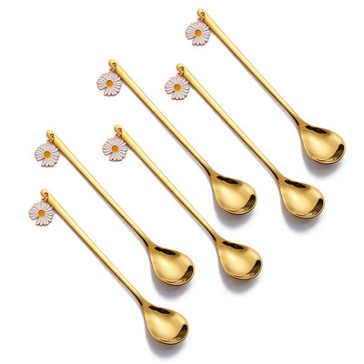 6 vnt. kavos šaukštų vaisių šakučių rinkinys Daisy nerūdijančio plieno Kawaii ledų popietės arbatos virtuvė auksinis desertinis batonėlis įrankis stalo įrankių dovana