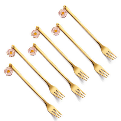 6 vnt. kavos šaukštų vaisių šakučių rinkinys Daisy nerūdijančio plieno Kawaii ledų popietės arbatos virtuvė auksinis desertinis batonėlis įrankis stalo įrankių dovana