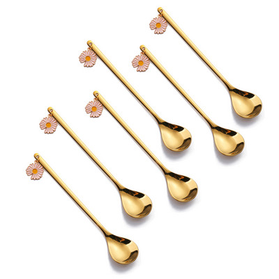 6 vnt. kavos šaukštų vaisių šakučių rinkinys Daisy nerūdijančio plieno Kawaii ledų popietės arbatos virtuvė auksinis desertinis batonėlis įrankis stalo įrankių dovana