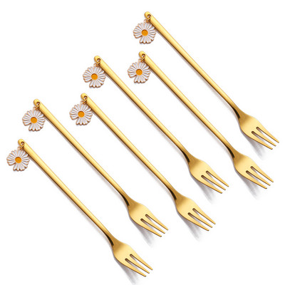 6 vnt. kavos šaukštų vaisių šakučių rinkinys Daisy nerūdijančio plieno Kawaii ledų popietės arbatos virtuvė auksinis desertinis batonėlis įrankis stalo įrankių dovana