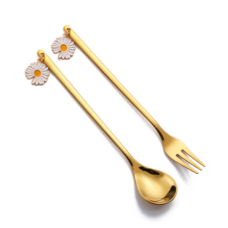 6 vnt. kavos šaukštų vaisių šakučių rinkinys Daisy nerūdijančio plieno Kawaii ledų popietės arbatos virtuvė auksinis desertinis batonėlis įrankis stalo įrankių dovana