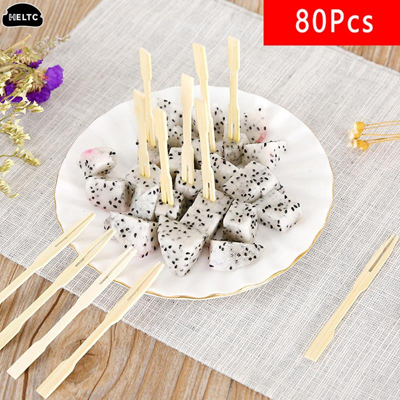80/100 tk Ühekordsed bambusest toitlustuskahvlid Puuviljapulk Finger Food Pick Aperitiiv Kirjeldus Plastikust Eelroad Antipasti Bambusest kahvlid