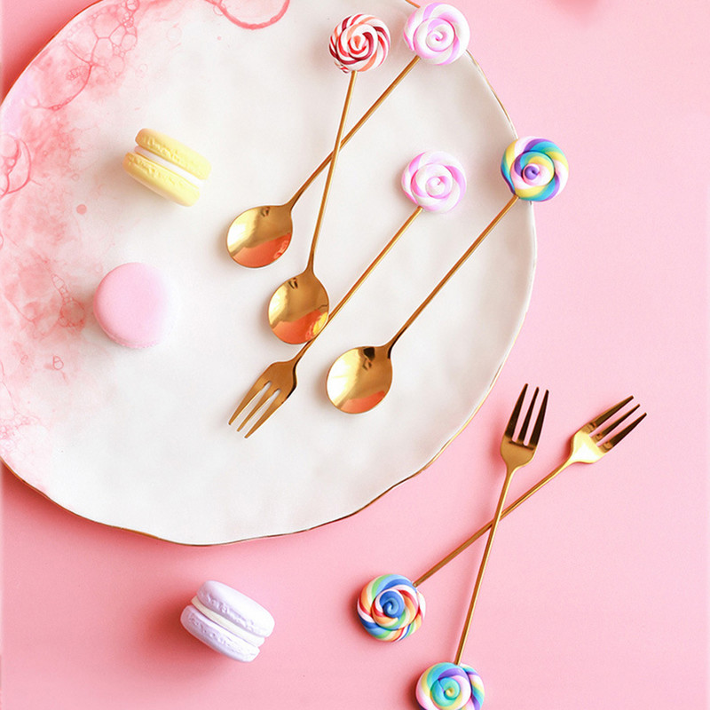 4Pcs zlatne žlice vilice od nehrđajućeg čelika kava žličica za miješanje lizalica drška Posuđe za desert kolač sladoled salata med