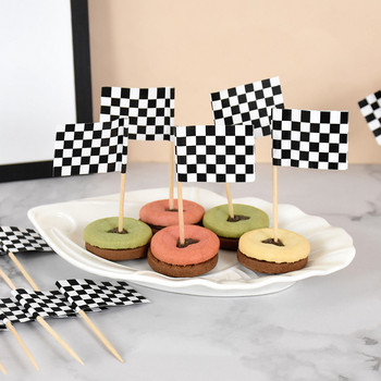 100 бр. Черно-бял кариран флаг Cupcake Topper Racing Тема Детско парти за рожден ден Храна Избор на плодове Флаг състезателна кола Декорация на торта