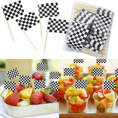 100db Fekete-fehér kockás zászló Cupcake Topper Racing Theme Gyerekek Születésnapi Party Étel Gyümölcs Pick Zászló versenyautó Torta dekoráció