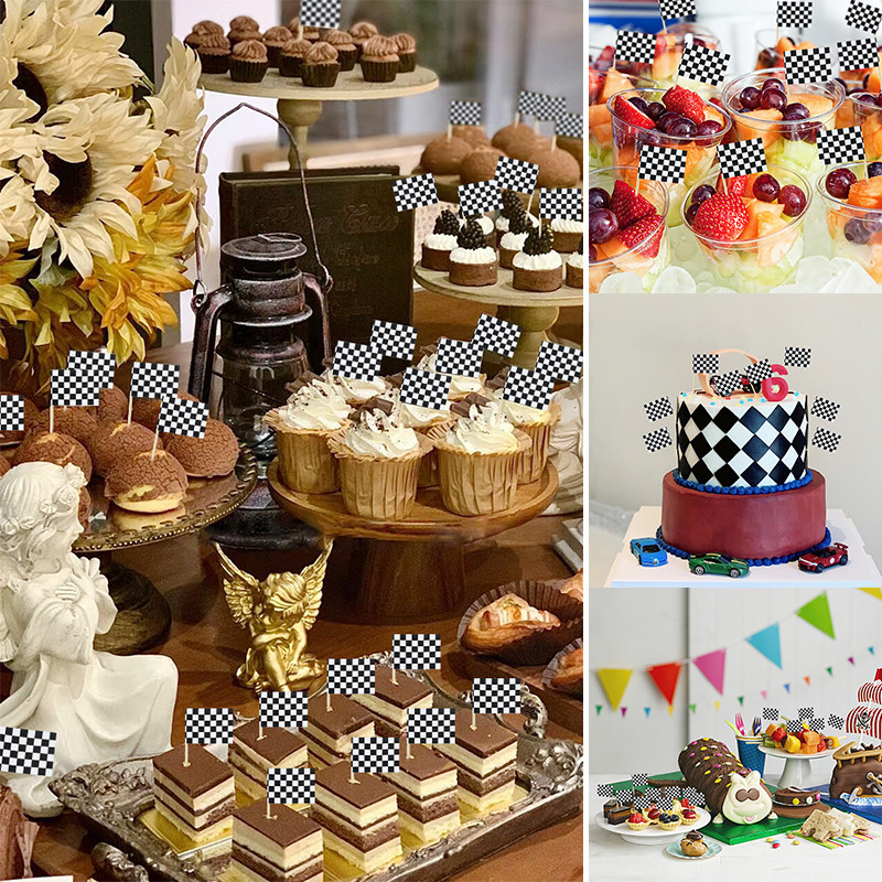 100 komada crno-bijele kockaste zastavice za kolačiće s trkaćom temom Dječja rođendanska zabava Hrana Odabrano voće Zastavica Dekoracija torte za trkaće automobile