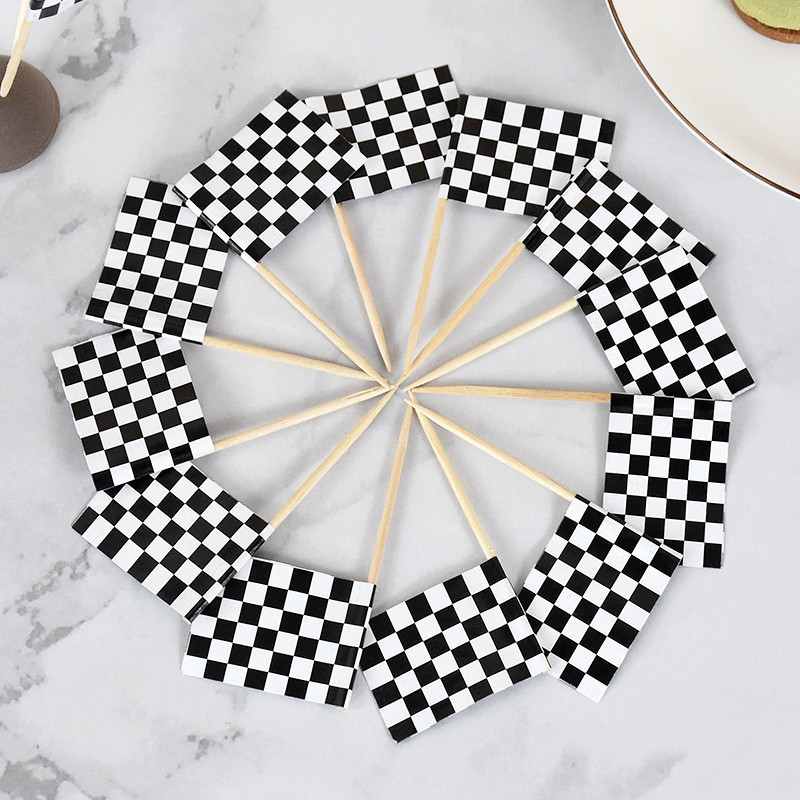 100 komada crno-bijele kockaste zastavice za kolačiće s trkaćom temom Dječja rođendanska zabava Hrana Odabrano voće Zastavica Dekoracija torte za trkaće automobile