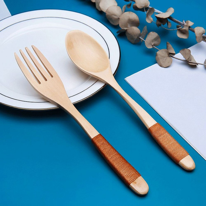 Natūralus medinis šaukštas šakutė Vakarienė Virtuvės sriubos Kaušelis Priedai Rankų darbo namų stalo reikmenys Ekologiški