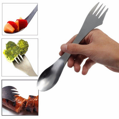 3 viename Indai Titanium Spork Combo Kelioninis įtaisas Stalo įrankiai Stalo reikmenys Šaukštas Šakės Pjaustyklė Kelionės Stovyklavietės Pėsčiųjų piknikas