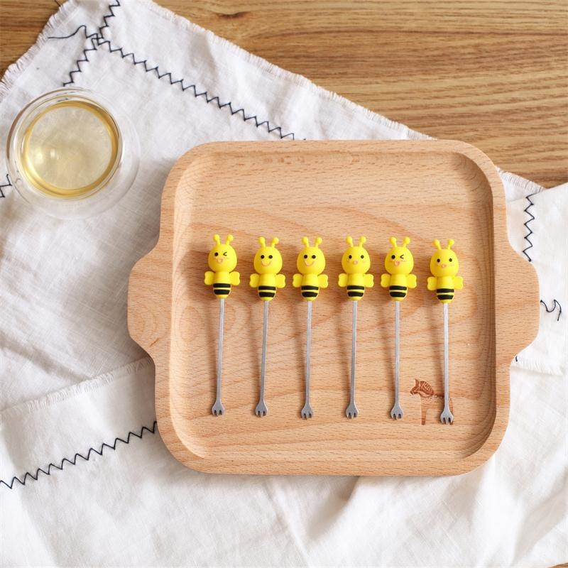 Vilice za voće, 6 komada u 1 držaču, set slatkih silikonskih pčela, vilica za čačkalice od nehrđajućeg čelika s keramičkim držačem za svakodnevnu upotrebu