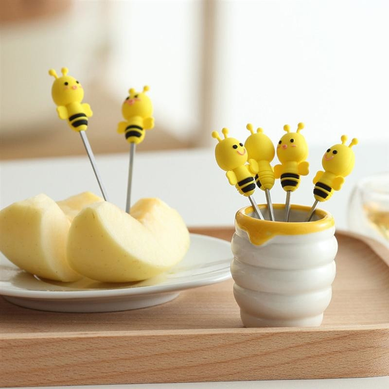 Vilice za voće, 6 komada u 1 držaču, set slatkih silikonskih pčela, vilica za čačkalice od nehrđajućeg čelika s keramičkim držačem za svakodnevnu upotrebu