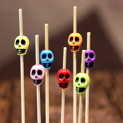 50 ΤΕΜ. Skull Bamboo Pick Buffet Fruit Fork Party Dessert Stick Κοκτέιλ Σουβλάκι μιας χρήσης Χαριτωμένο φρούτο μπαμπού ραβδί Bamboo pick