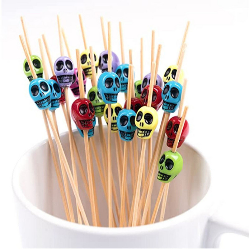 50 ΤΕΜ. Skull Bamboo Pick Buffet Fruit Fork Party Dessert Stick Κοκτέιλ Σουβλάκι μιας χρήσης Χαριτωμένο φρούτο μπαμπού ραβδί Bamboo pick